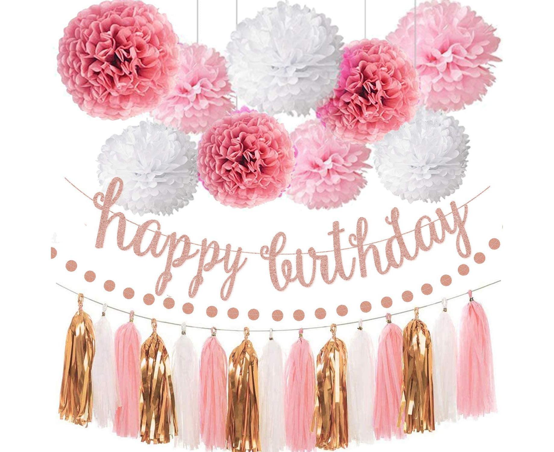 Pink Rose Gold Birthday Party Decorations Set, Rose Gold Glittery Happy Birthday Banner, Tissue Paper Pom - Image 1