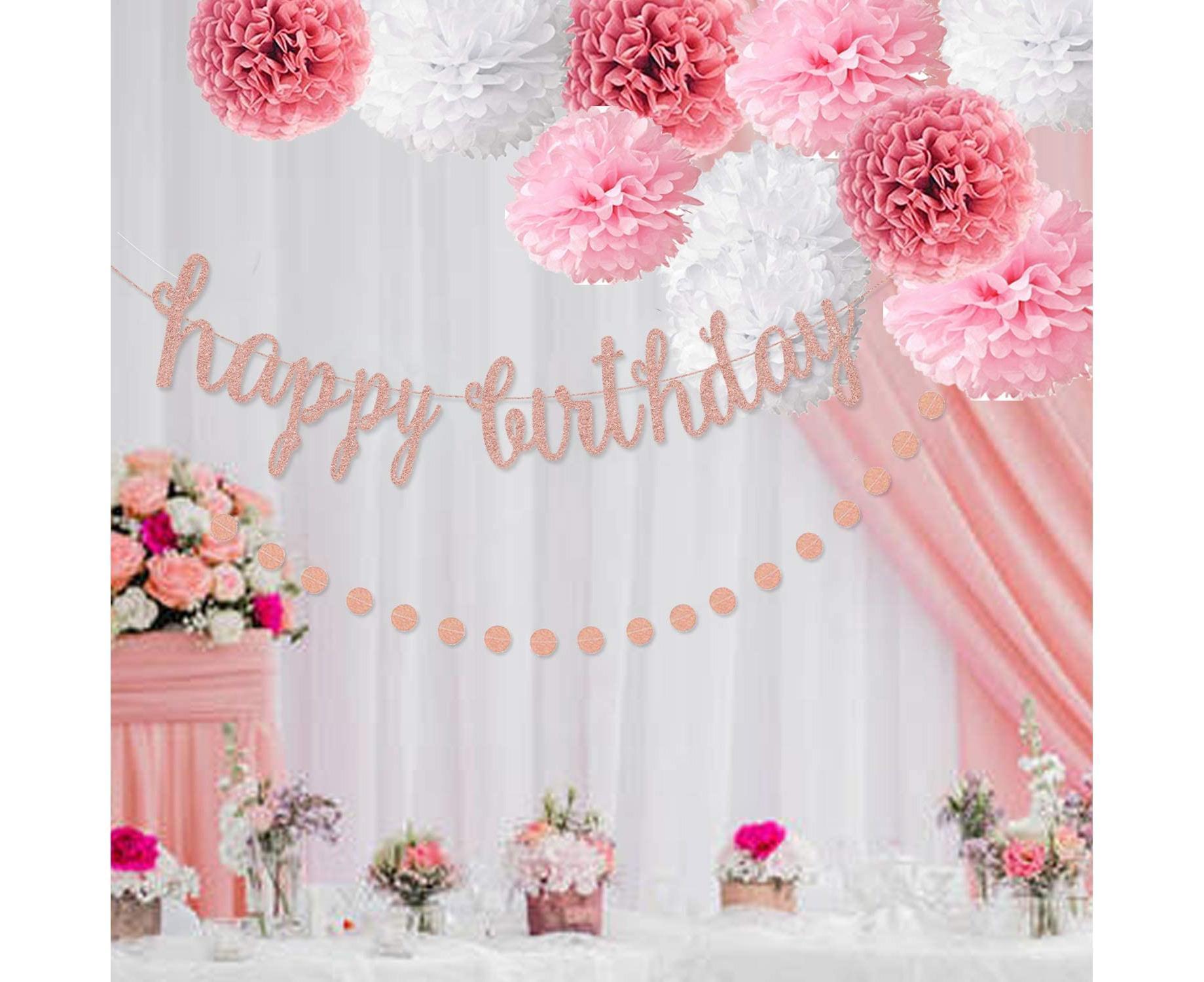 Pink Rose Gold Birthday Party Decorations Set, Rose Gold Glittery Happy Birthday Banner, Tissue Paper Pom - Image 2