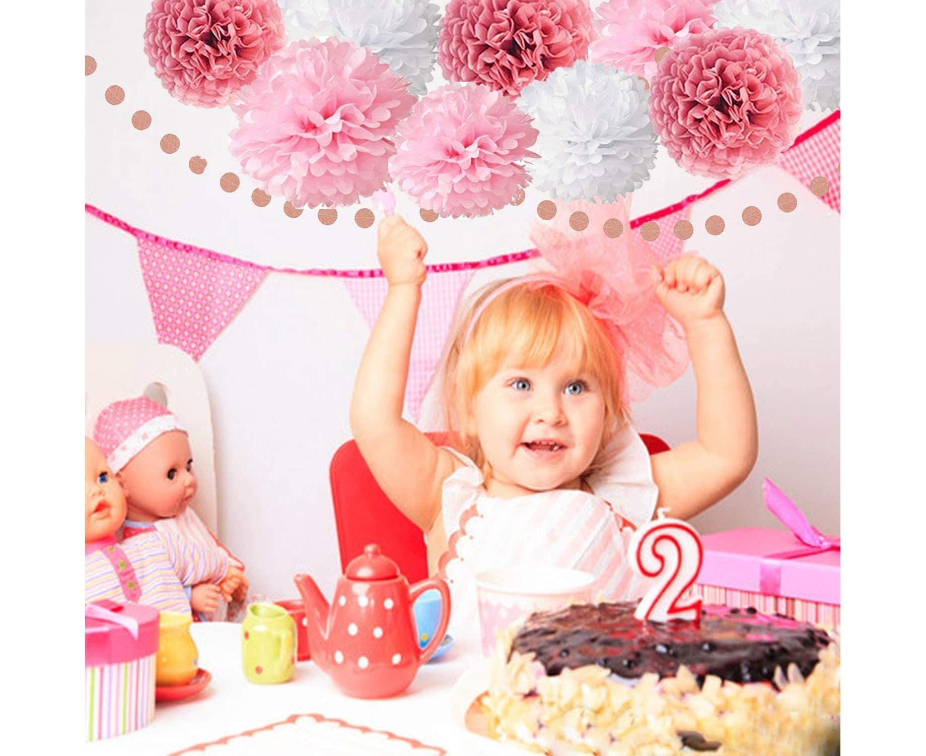 Pink Rose Gold Birthday Party Decorations Set, Rose Gold Glittery Happy Birthday Banner, Tissue Paper Pom - Image 3