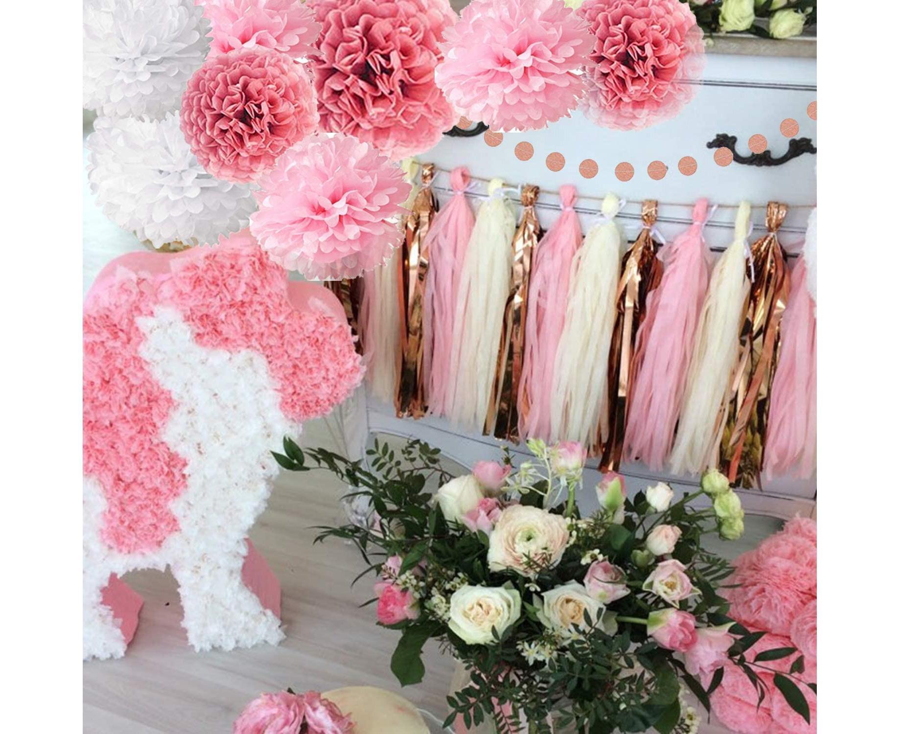 Pink Rose Gold Birthday Party Decorations Set, Rose Gold Glittery Happy Birthday Banner, Tissue Paper Pom - Image 6