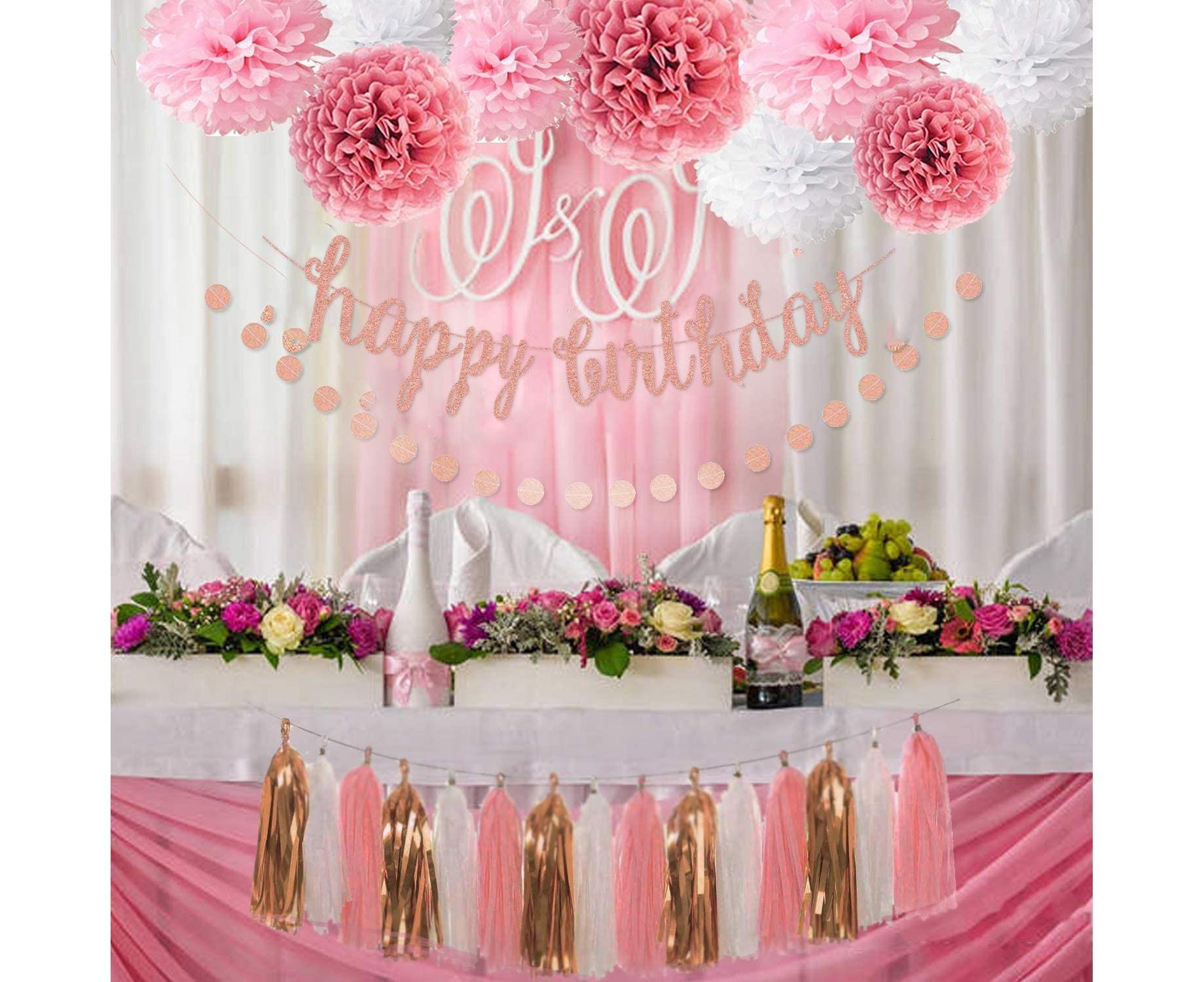 Pink Rose Gold Birthday Party Decorations Set, Rose Gold Glittery Happy Birthday Banner, Tissue Paper Pom - Image 8