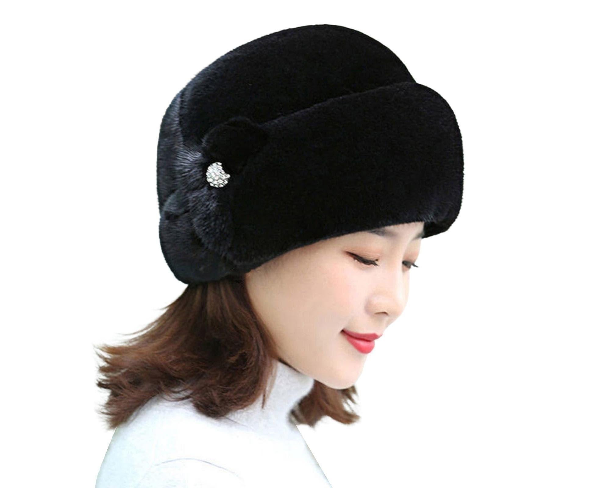 Winter Hat Faux Rabbit Fur Decor Thick Luxury Women Cap - Black - Image 1