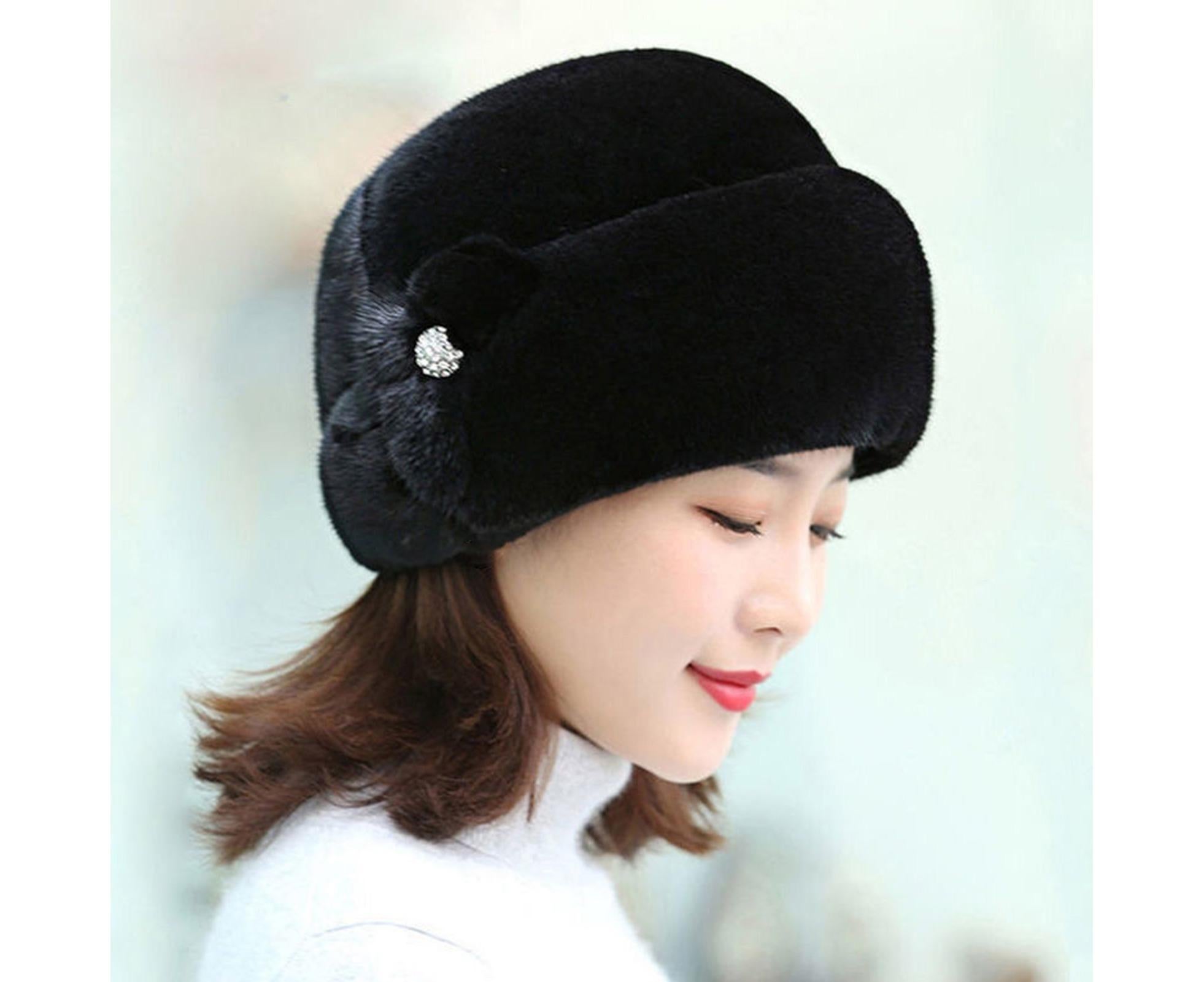 Winter Hat Faux Rabbit Fur Decor Thick Luxury Women Cap - Black - Image 2