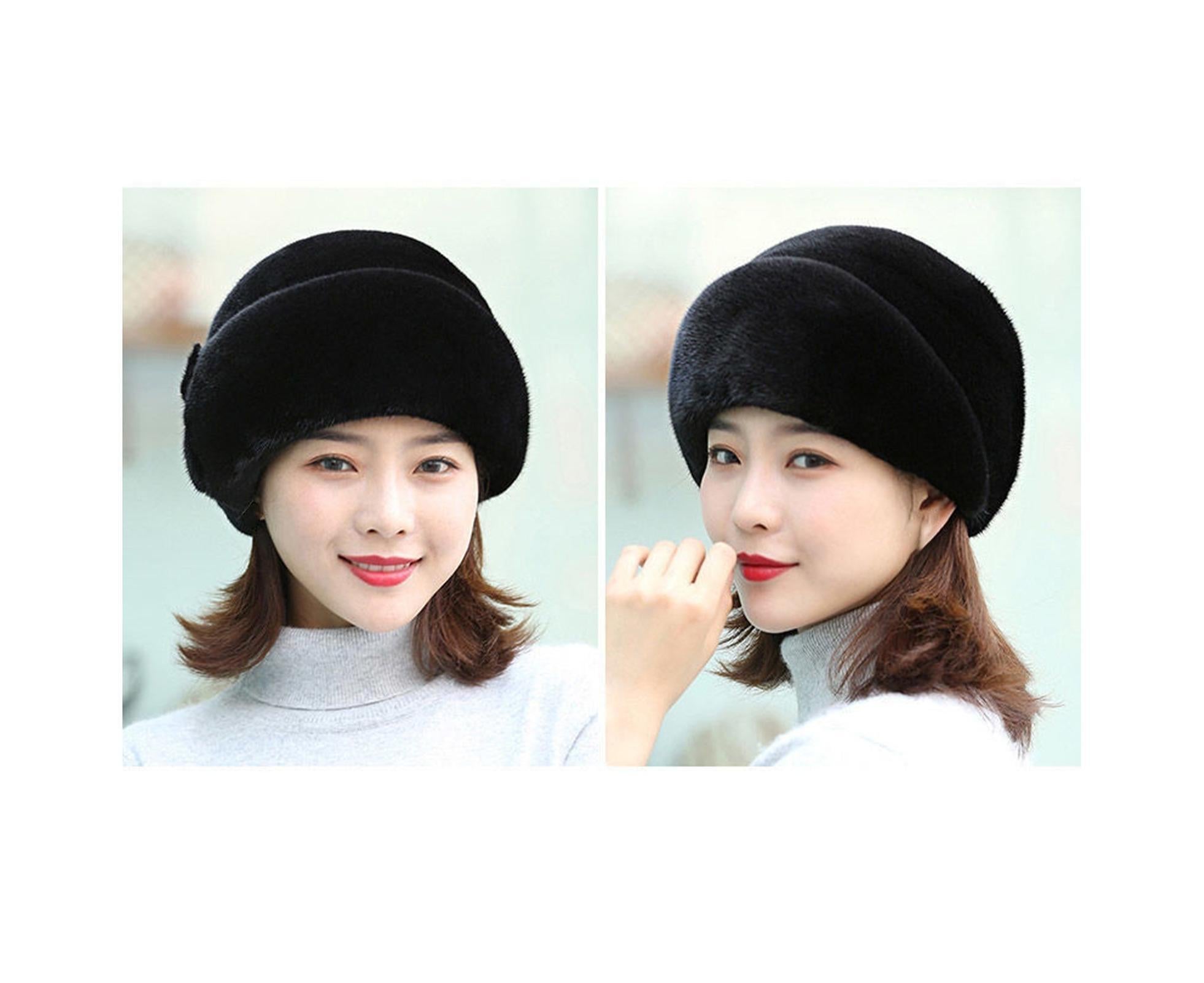 Winter Hat Faux Rabbit Fur Decor Thick Luxury Women Cap - Black - Image 3