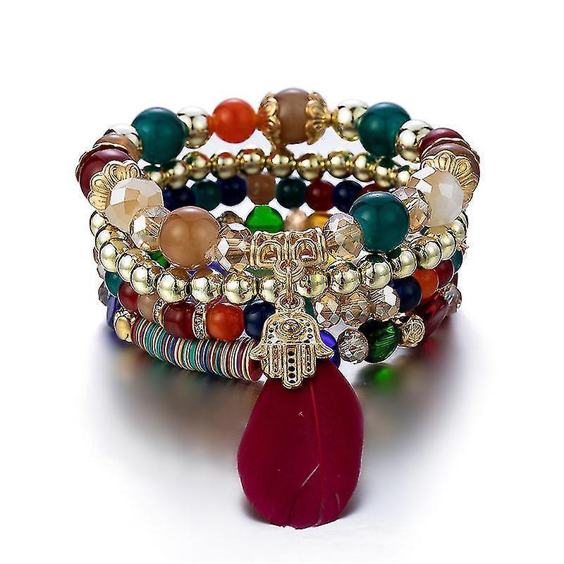 1pcs Bohemian Wood Beads Bracelet , Colorful Crystal Beaded Bracelet, Feather Pendant Multilayer Stretch Bracelet Women's Jewelry - Image 1
