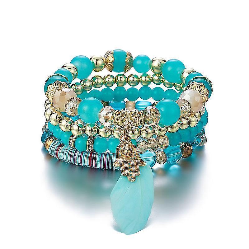 1pcs Bohemian Wood Beads Bracelet , Colorful Crystal Beaded Bracelet, Feather Pendant Multilayer Stretch Bracelet Women's Jewelry - Image 1