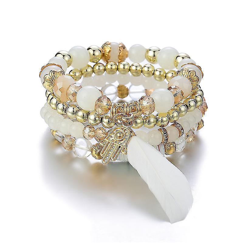 1pcs Bohemian Wood Beads Bracelet , Colorful Crystal Beaded Bracelet, Feather Pendant Multilayer Stretch Bracelet Women's Jewelry - Image 1