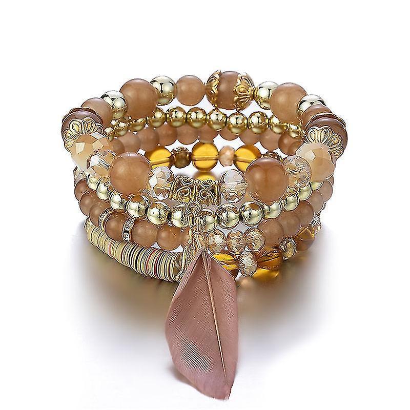 1pcs Bohemian Wood Beads Bracelet , Colorful Crystal Beaded Bracelet, Feather Pendant Multilayer Stretch Bracelet Women's Jewelry - Image 1