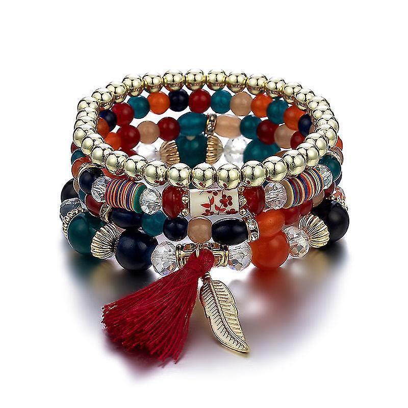 1pcs Bohemian Wood Beads Bracelet, Crystal Beaded Bracelets, Wings Pendant Tassel Multilayer Stretch Jewelry Women's Jewelry - Image 1