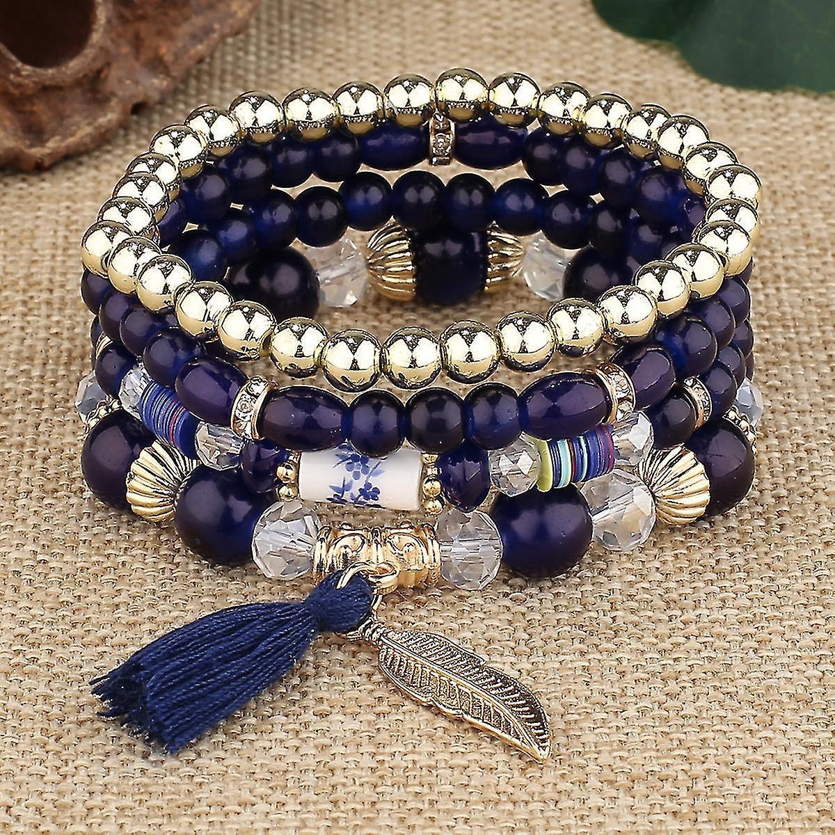 1pcs Bohemian Wood Beads Bracelet, Crystal Beaded Bracelets, Wings Pendant Tassel Multilayer Stretch Jewelry Women's Jewelry - Image 2