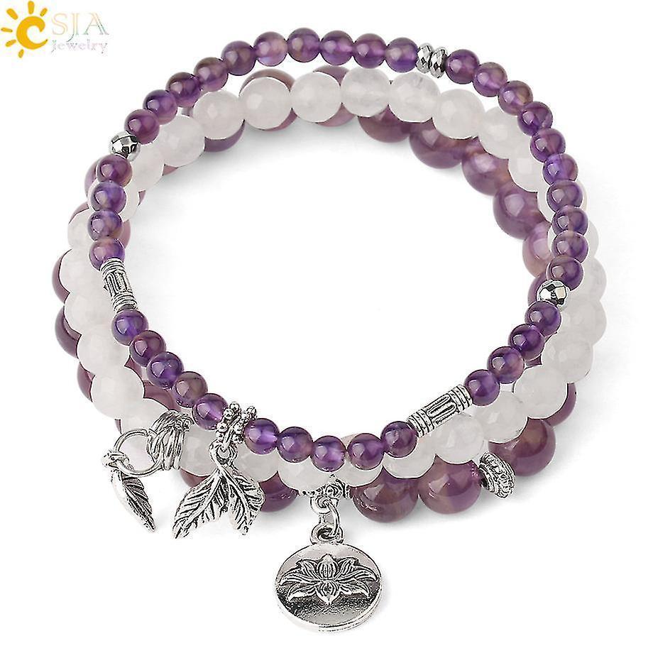 3pcs Amethyst Rose Quartz Crystal Beaded Chakra Bracelet Natural Healing Energy Lotus Charm Beads Stone Reiki Stackable Stretch Bracelets Set - Image 1
