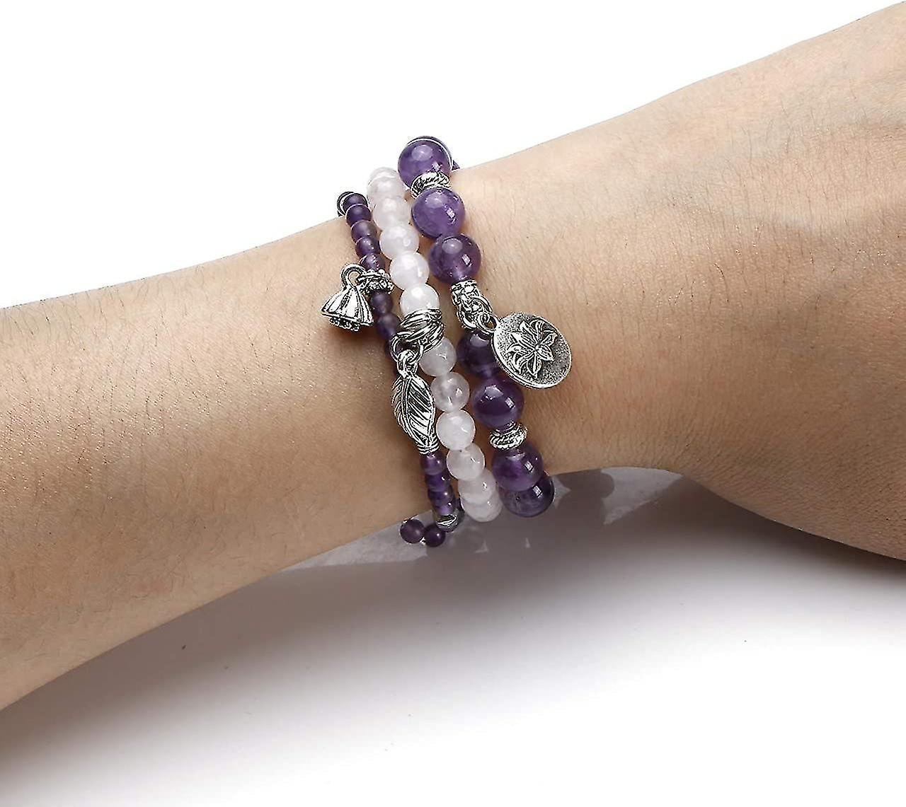 3pcs Amethyst Rose Quartz Crystal Beaded Chakra Bracelet Natural Healing Energy Lotus Charm Beads Stone Reiki Stackable Stretch Bracelets Set - Image 2