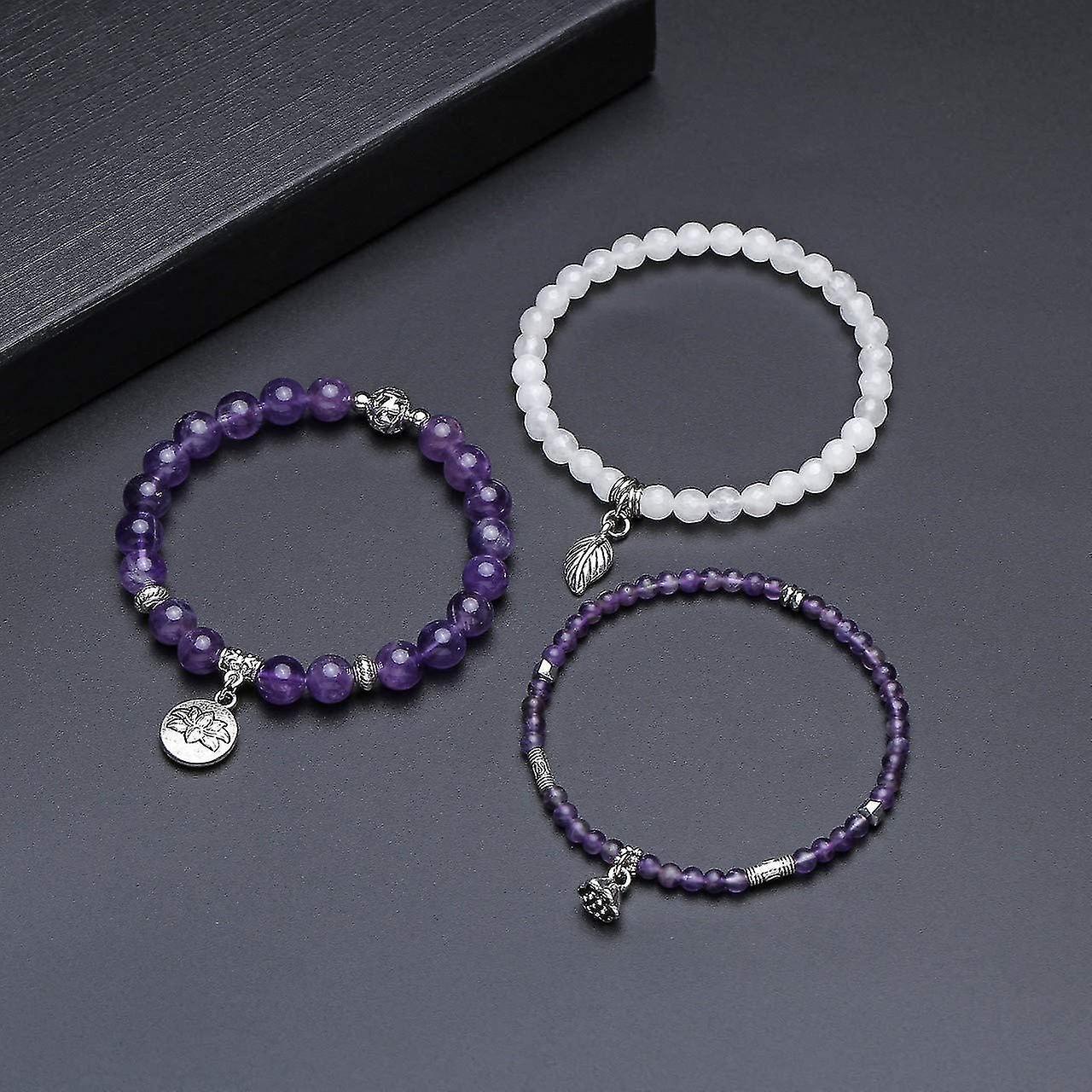 3pcs Amethyst Rose Quartz Crystal Beaded Chakra Bracelet Natural Healing Energy Lotus Charm Beads Stone Reiki Stackable Stretch Bracelets Set - Image 3