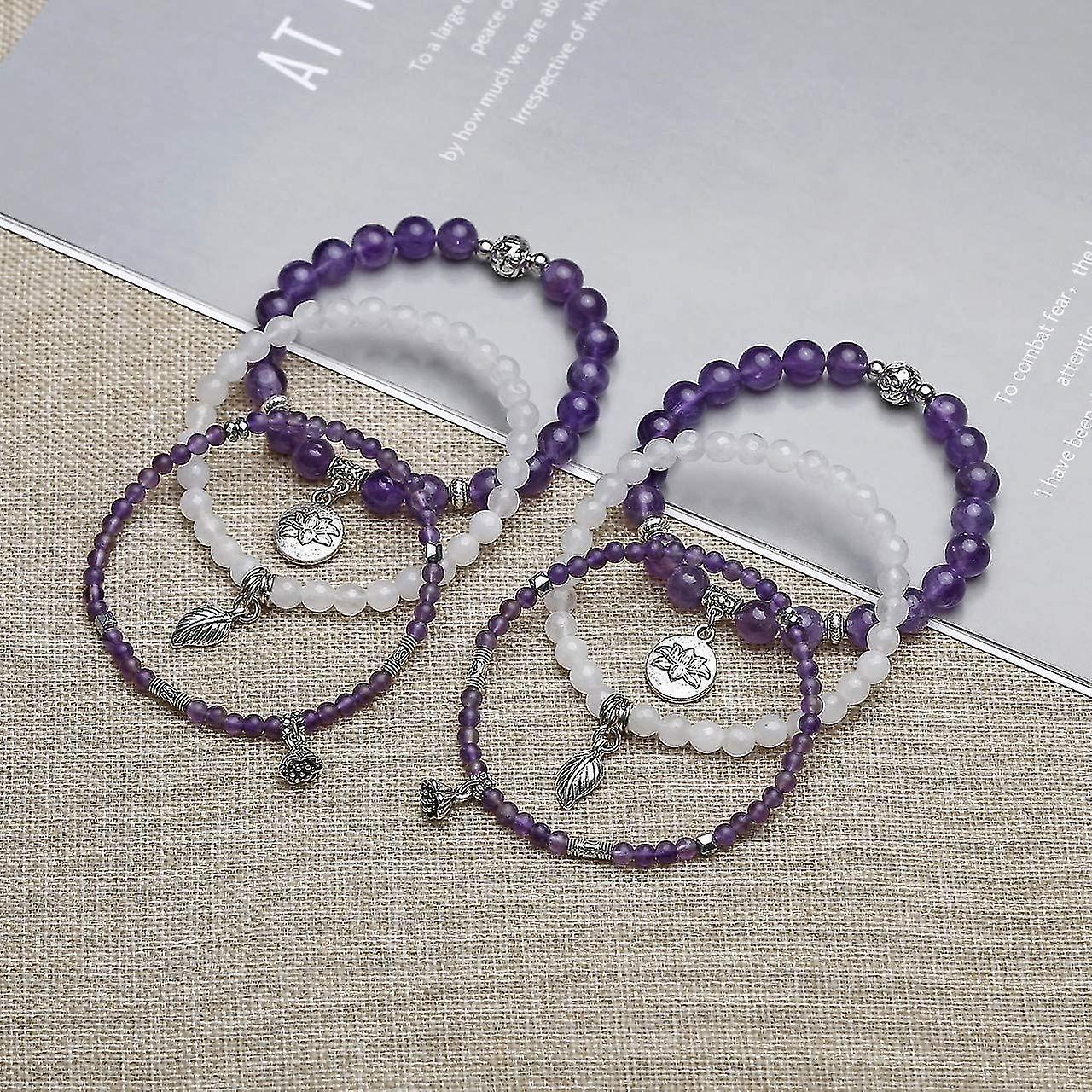 3pcs Amethyst Rose Quartz Crystal Beaded Chakra Bracelet Natural Healing Energy Lotus Charm Beads Stone Reiki Stackable Stretch Bracelets Set - Image 4
