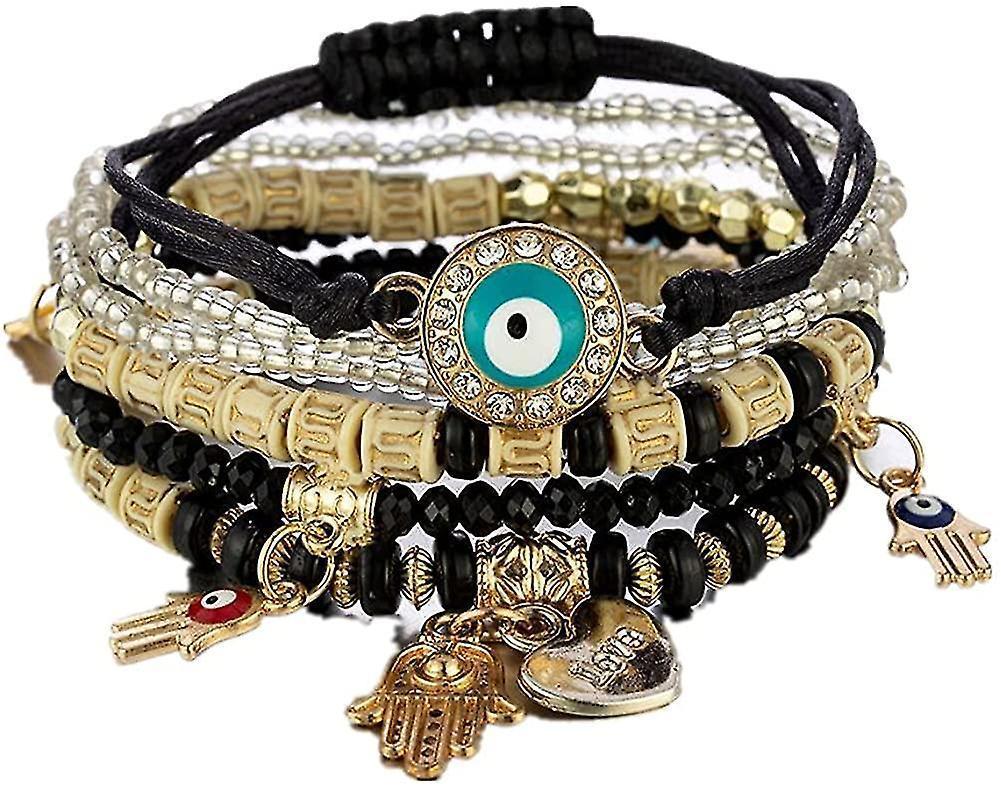 Bohemian Stretch Beads Bracelets Multilayer Evil Eye Hamsa Hand Bracelet Boho Charms Stretch Stackable Bracelet Handmade Multicolor Crystal Beaded - Image 1