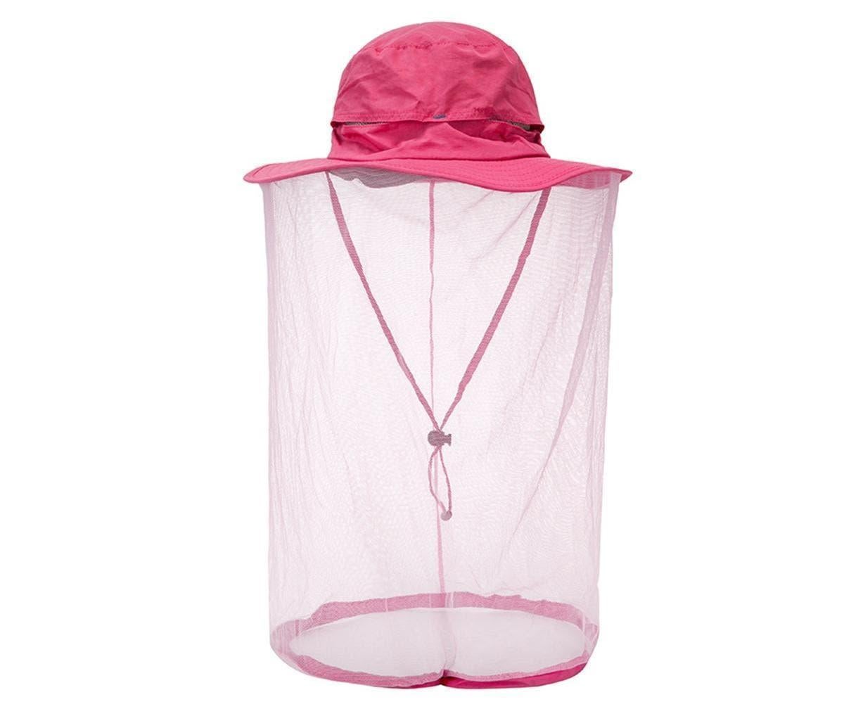 Outdoor Women Men Anti Bug Bee Mosquito Hat Head Net Sun Protection Bucket Cap-Rose Red - Image 1