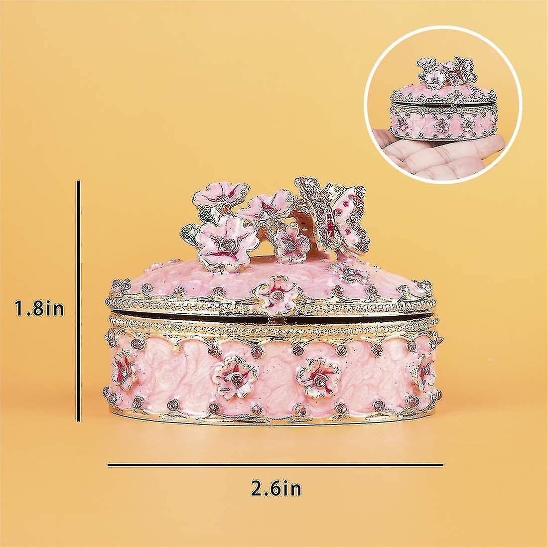 Crystal Trinket Jewelry Boxes Hinged,hand-painted Pink Flower Butterfly Pattern Jeweled Box For Girls - Image 2