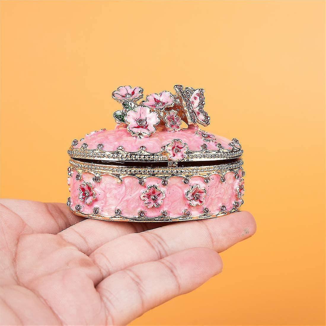 Crystal Trinket Jewelry Boxes Hinged,hand-painted Pink Flower Butterfly Pattern Jeweled Box For Girls - Image 3