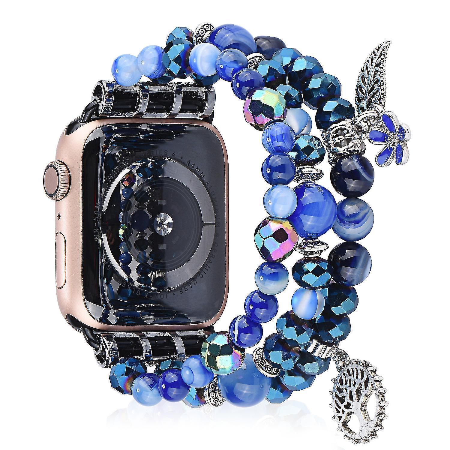 Fashion Iwatch Blue Crystal Beaded Bracelet Watchband Strap With Life Tree And Leaf Pendant For Apple Watch Series 7 45mm / 4/5/6/se 44mm / 1/2/3 42mm - Image 1