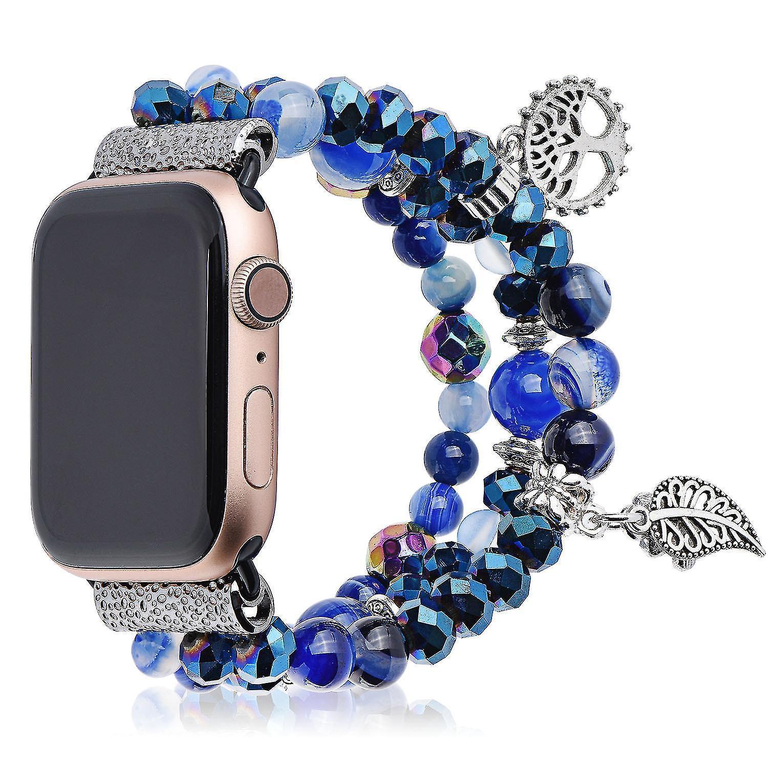 Fashion Iwatch Blue Crystal Beaded Bracelet Watchband Strap With Life Tree And Leaf Pendant For Apple Watch Series 7 45mm / 4/5/6/se 44mm / 1/2/3 42mm - Image 2