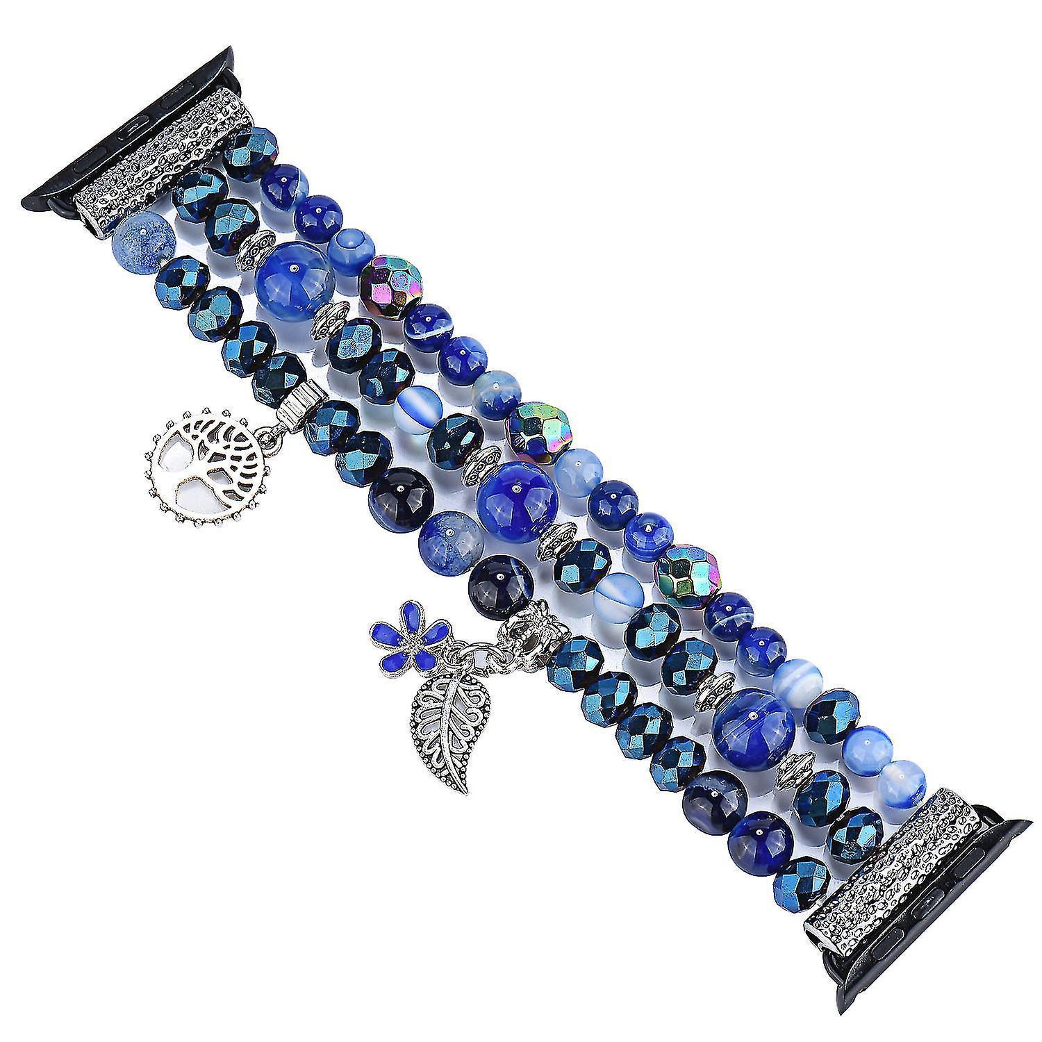 Fashion Iwatch Blue Crystal Beaded Bracelet Watchband Strap With Life Tree And Leaf Pendant For Apple Watch Series 7 45mm / 4/5/6/se 44mm / 1/2/3 42mm - Image 3