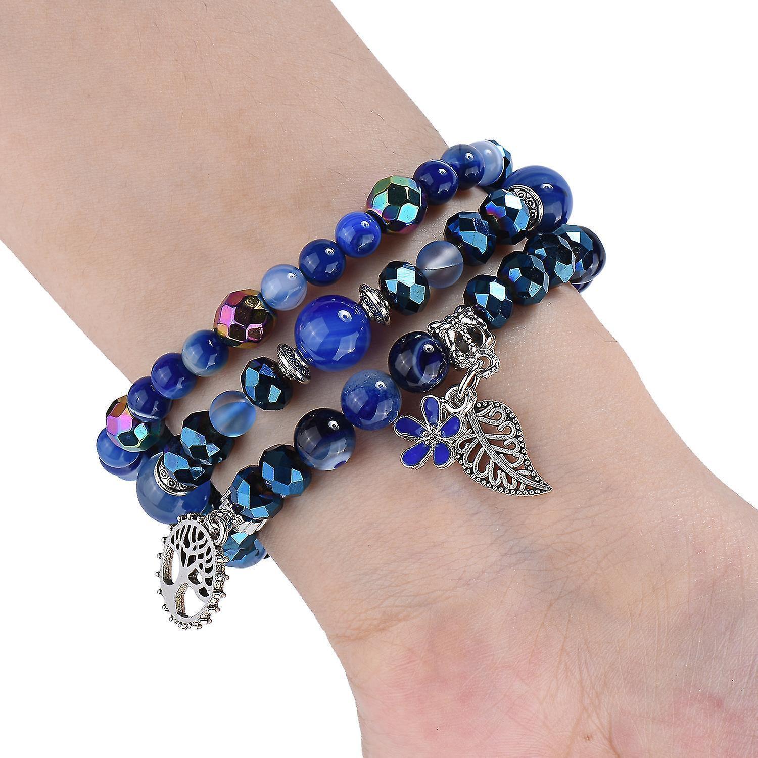 Fashion Iwatch Blue Crystal Beaded Bracelet Watchband Strap With Life Tree And Leaf Pendant For Apple Watch Series 7 45mm / 4/5/6/se 44mm / 1/2/3 42mm - Image 4