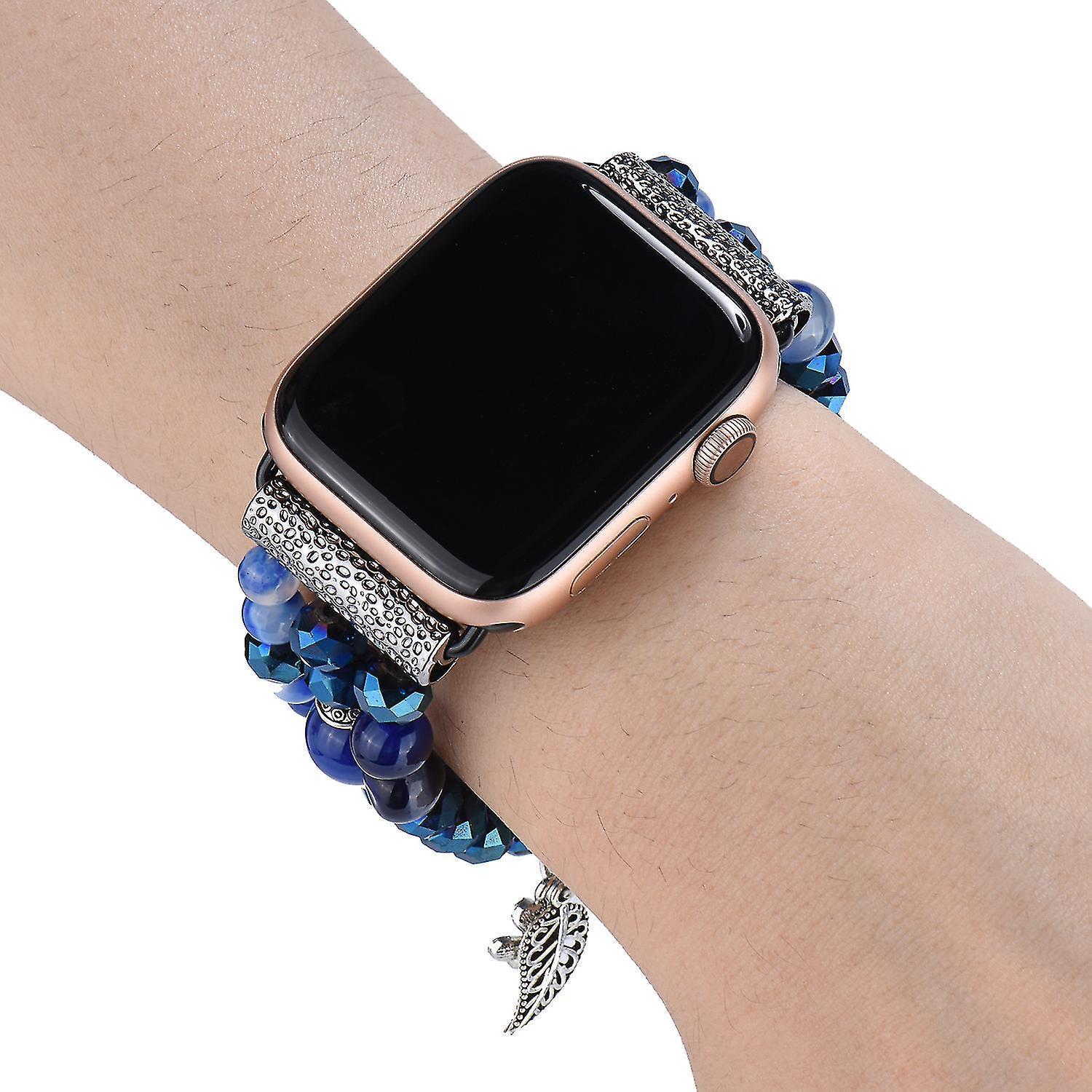 Fashion Iwatch Blue Crystal Beaded Bracelet Watchband Strap With Life Tree And Leaf Pendant For Apple Watch Series 7 45mm / 4/5/6/se 44mm / 1/2/3 42mm - Image 5