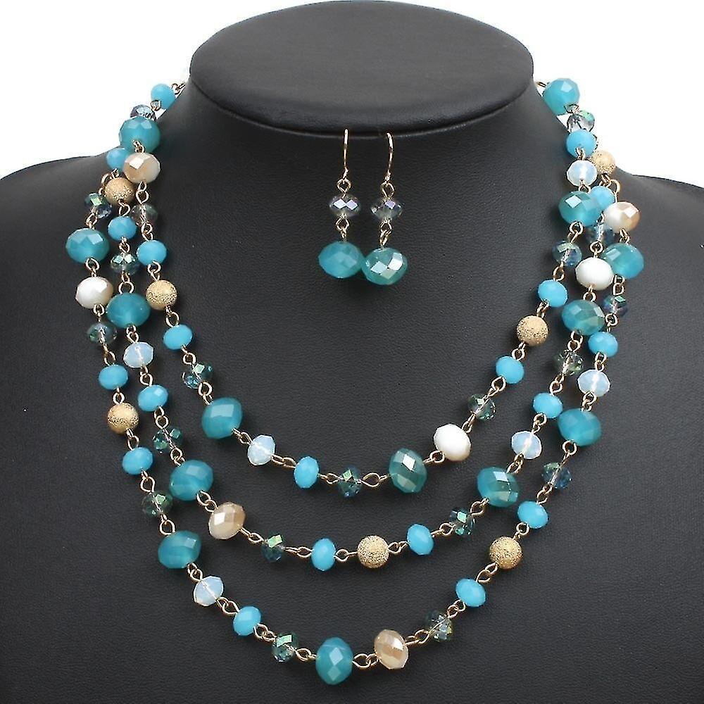 Multi Layer Crystal And Glass Beads Necklace And Crystal Earrings Crystal Jewelry Set - Blue - Image 1