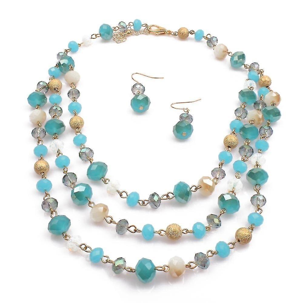 Multi Layer Crystal And Glass Beads Necklace And Crystal Earrings Crystal Jewelry Set - Blue - Image 2