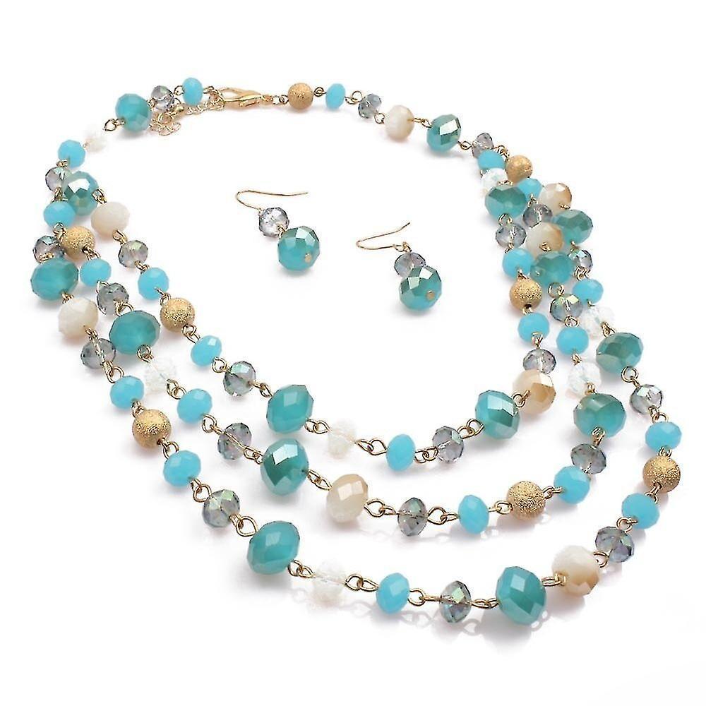 Multi Layer Crystal And Glass Beads Necklace And Crystal Earrings Crystal Jewelry Set - Blue - Image 3
