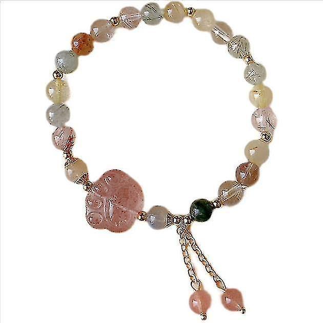 Natural Pink Strawberry Crystal Cat's Claw Pendant Tassel Bracelet - Image 1