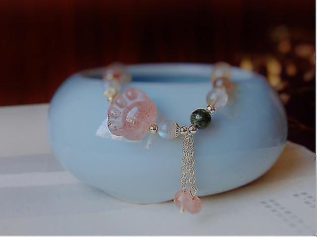 Natural Pink Strawberry Crystal Cat's Claw Pendant Tassel Bracelet - Image 3