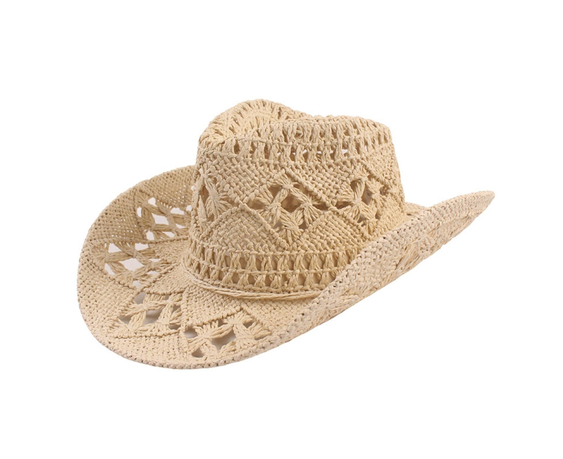 Cowboy Hat Classic Vintage Hollow Out Unisex Curled Edge Wide Brim Men Sun Hat Fishing Hat-Yellow - Image 1