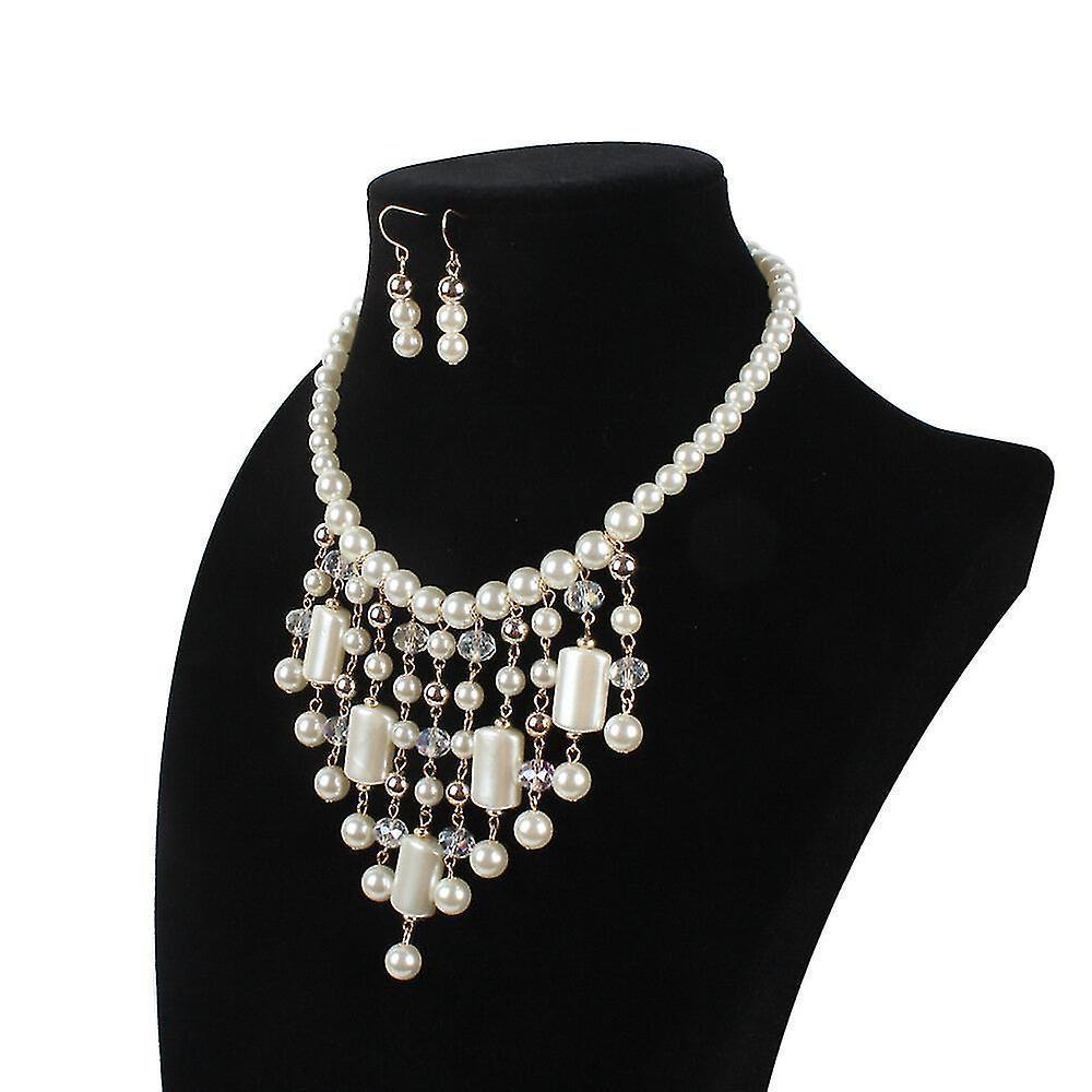 Waterfall Style Pearl Chain And Crystal Resin Beads Statement Necklace Pearl Earrings Pearl Jewelry Set - Image 1
