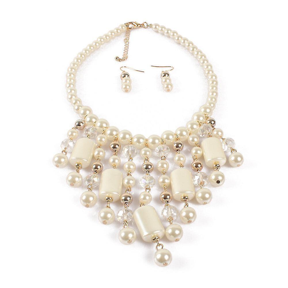 Waterfall Style Pearl Chain And Crystal Resin Beads Statement Necklace Pearl Earrings Pearl Jewelry Set - Image 2