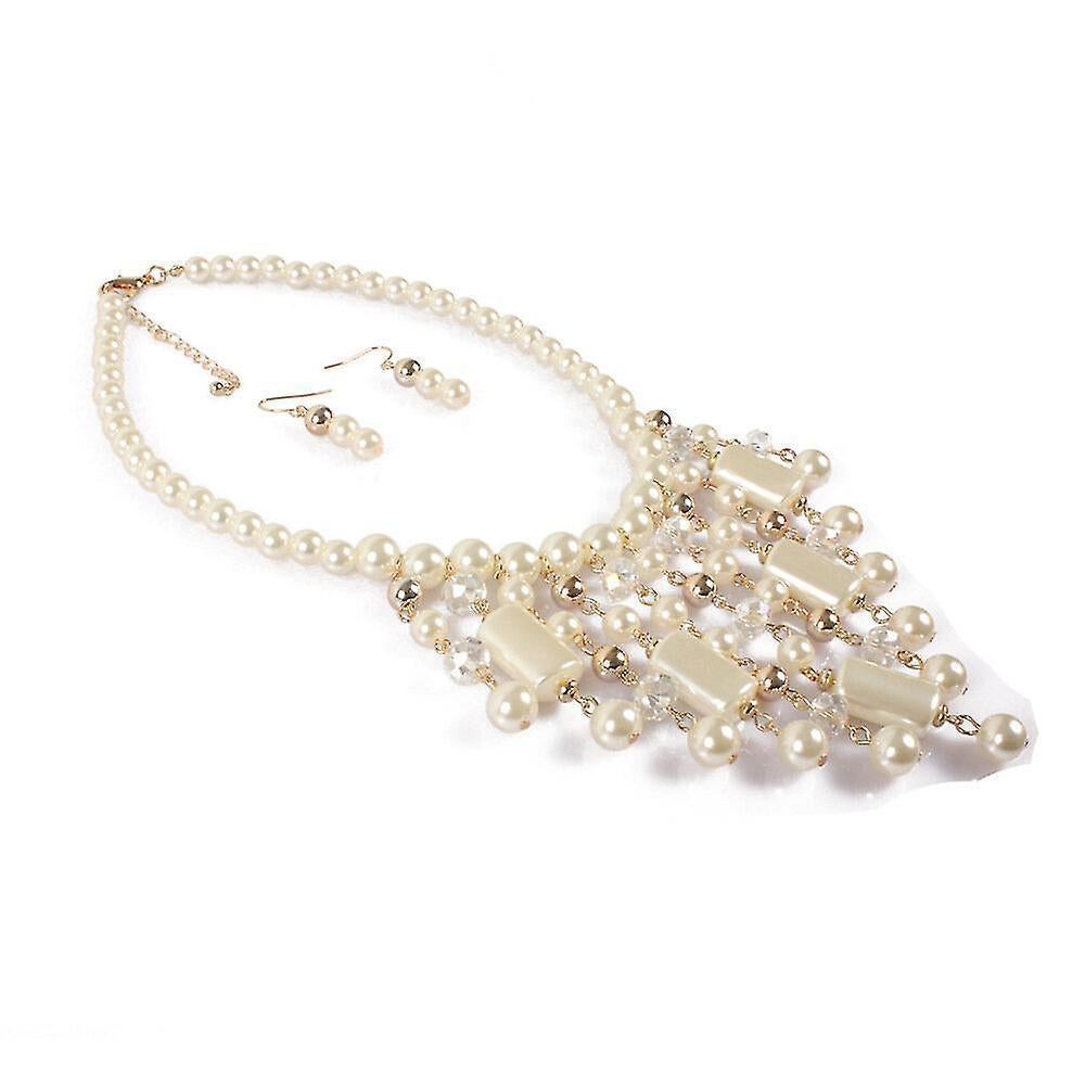 Waterfall Style Pearl Chain And Crystal Resin Beads Statement Necklace Pearl Earrings Pearl Jewelry Set - Image 3
