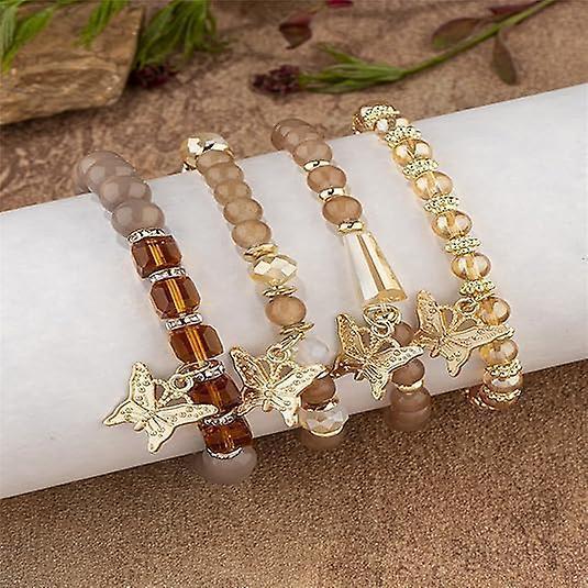 4pcs Set Bohemian Butterfly Crystal Stone Stretch Pendant Bracelets For Women Girls Gold Beaded Stackable Stretch Bracelet Colorful Charm Jewelry - Image 3
