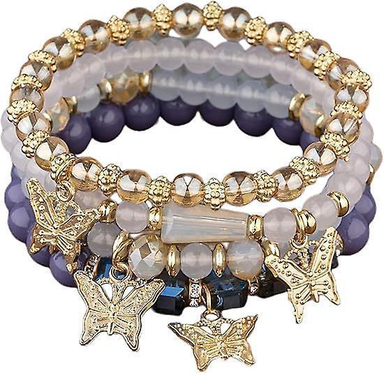 4pcs Set Bohemian Butterfly Crystal Stone Stretch Pendant Bracelets For Women Girls Gold Beaded Stackable Stretch Bracelet Colorful Charm Jewelry - Image 1