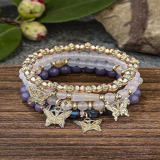 4pcs Set Bohemian Butterfly Crystal Stone Stretch Pendant Bracelets For Women Girls Gold Beaded Stackable Stretch Bracelet Colorful Charm Jewelry - Image 2