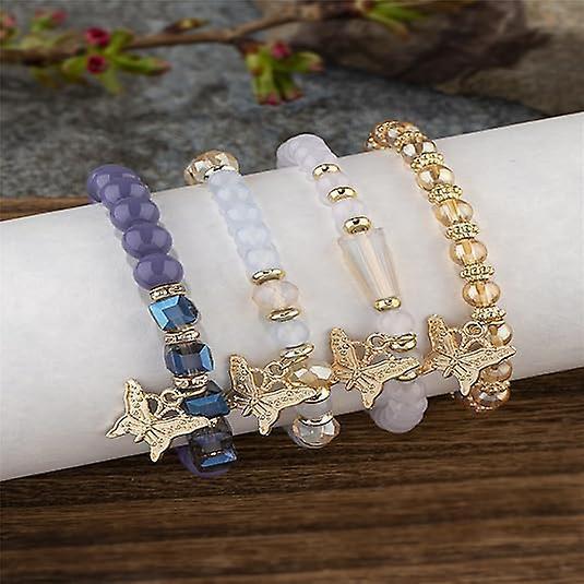 4pcs Set Bohemian Butterfly Crystal Stone Stretch Pendant Bracelets For Women Girls Gold Beaded Stackable Stretch Bracelet Colorful Charm Jewelry - Image 3