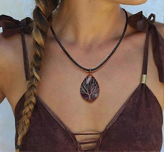 7 Chakra Gemstone Healing Crystals Necklace Copper Wire Wrapped Natural Gemstone Necklace Unisex Hippie Leather Necklace Choker - Image 2