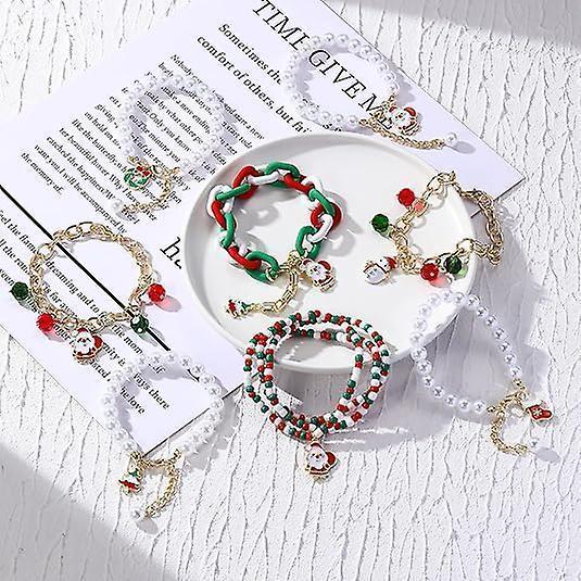 Christmas Beaded Pendant Bracelet Adjustable Christmas Tree Claus Snowman Crystal Imitation Pearl Pendant Chain Bracelet For Women Christmas Gifts - Image 5