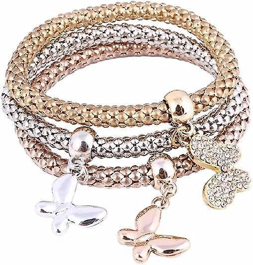 Crystal Charms Multilayer Bracelets - 3pcs Gold/silver/rose Gold Corn Chain Bracelet For Women, Tree Of Life Heart Shaped Stretch Bracelet - Image 1