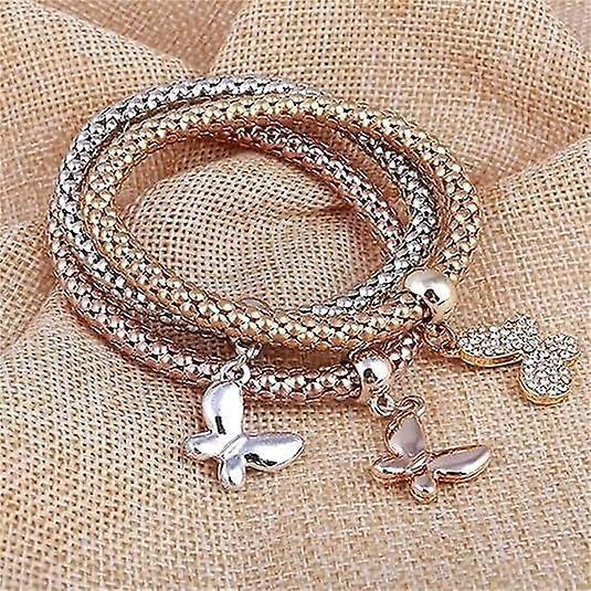 Crystal Charms Multilayer Bracelets - 3pcs Gold/silver/rose Gold Corn Chain Bracelet For Women, Tree Of Life Heart Shaped Stretch Bracelet - Image 4