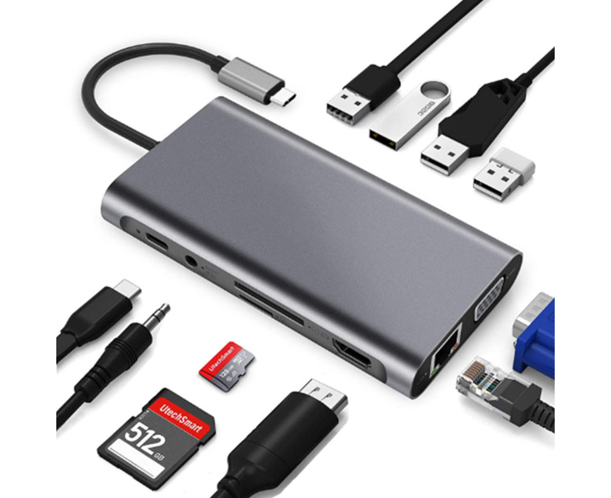 Type-c Docking Station 11 In One with Hdmi Network Card Multi-in-one Converter Usb Hub Expansion Dock for MacBook - Grey - Image 1