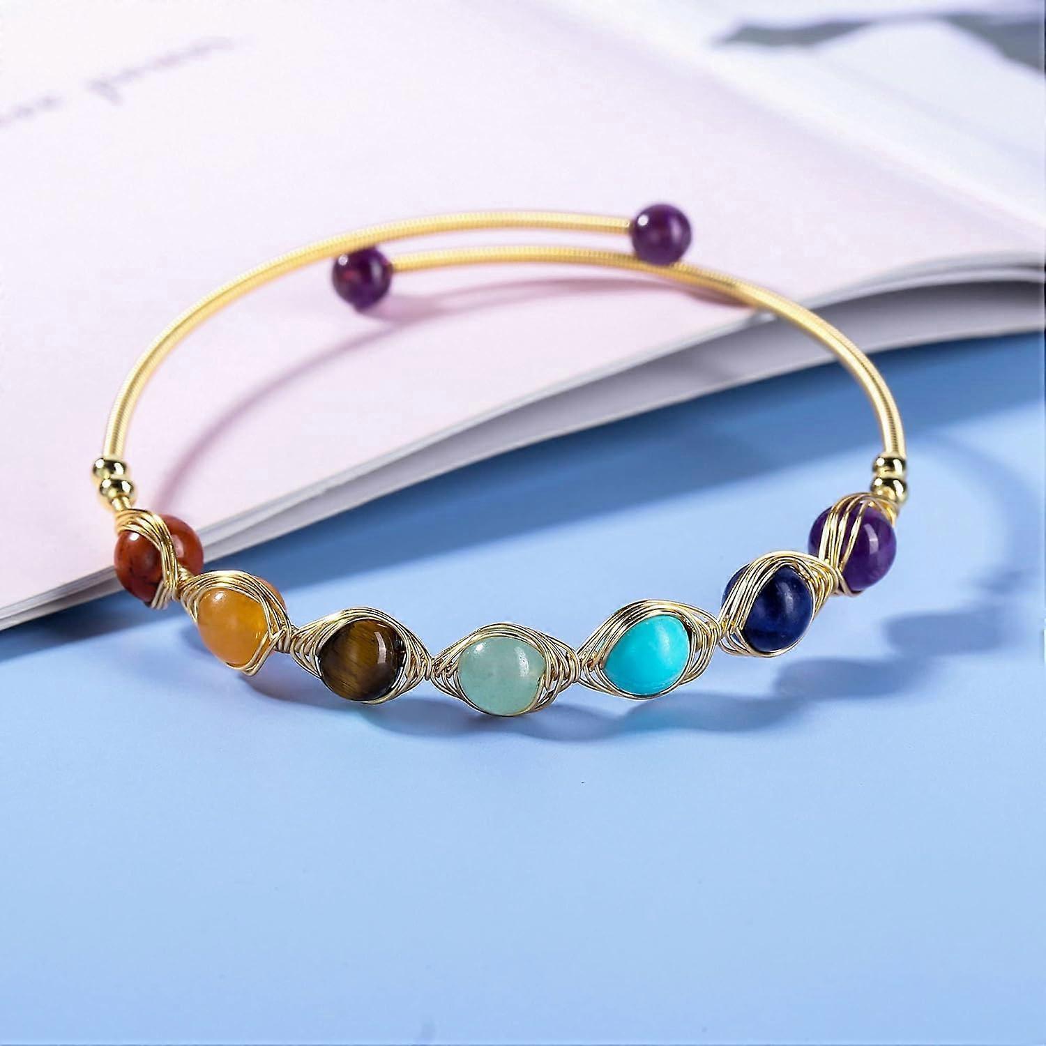 Heyone7 Chakra Crystal Yoga Meditation Bracelets for Women Girls 14K Gold Wire Wrapped Healing Crystals Stone Bracelet Adjustable Gemstones Bead Cuff - Image 2