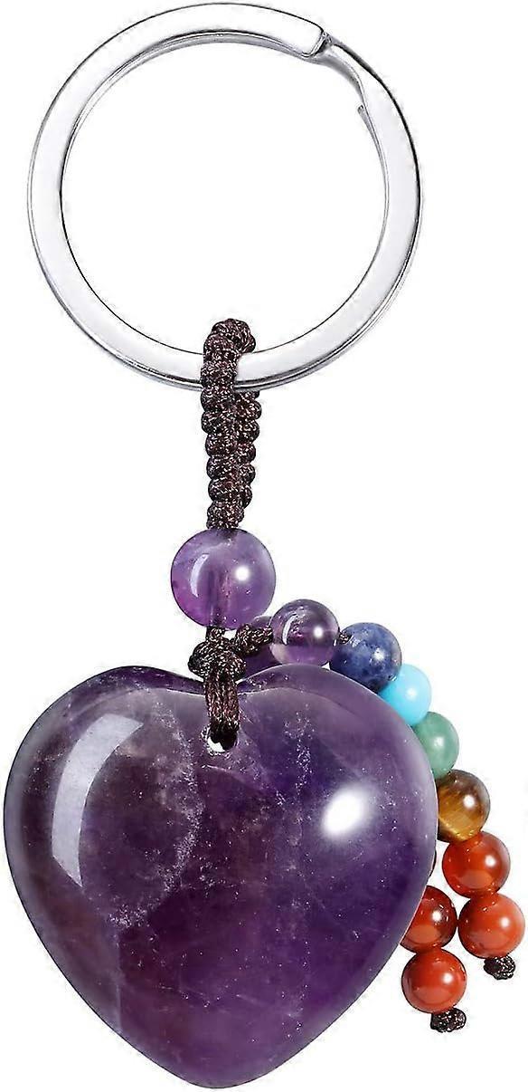 Natural Amethyst Heart Crystal Keychain 7 Chakra Healing Gemstone Key Ring Charm for Women - Image 1