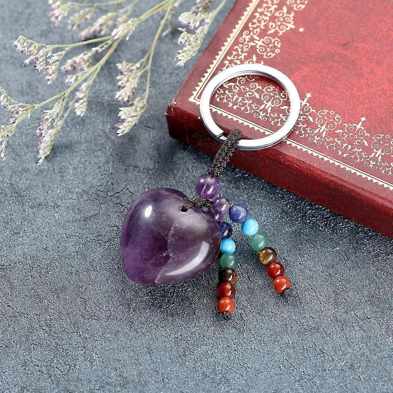 Natural Amethyst Heart Crystal Keychain 7 Chakra Healing Gemstone Key Ring Charm for Women - Image 2