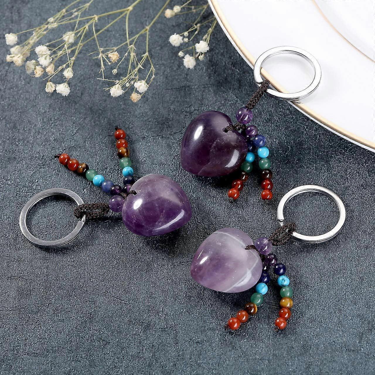 Natural Amethyst Heart Crystal Keychain 7 Chakra Healing Gemstone Key Ring Charm for Women - Image 3