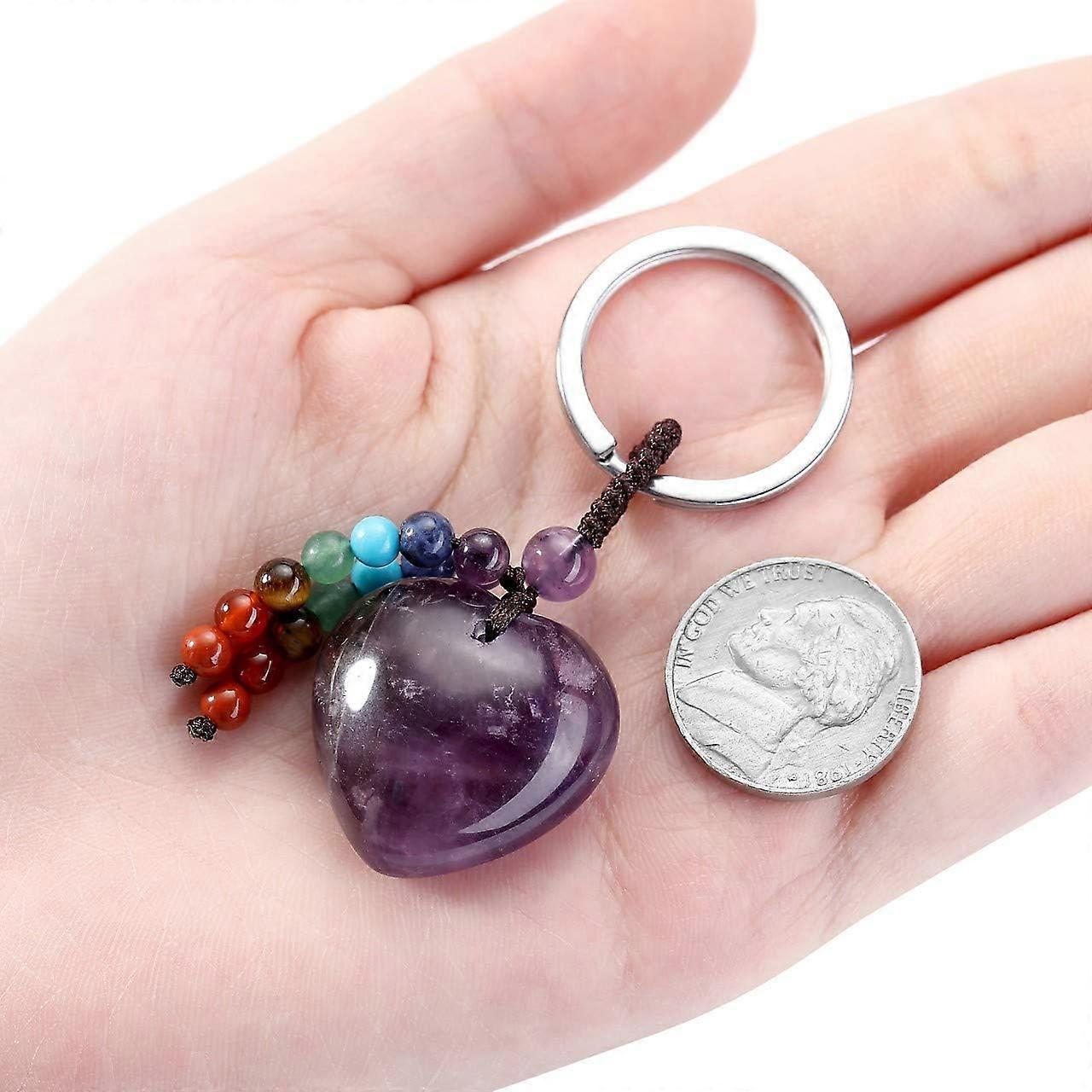 Natural Amethyst Heart Crystal Keychain 7 Chakra Healing Gemstone Key Ring Charm for Women - Image 4